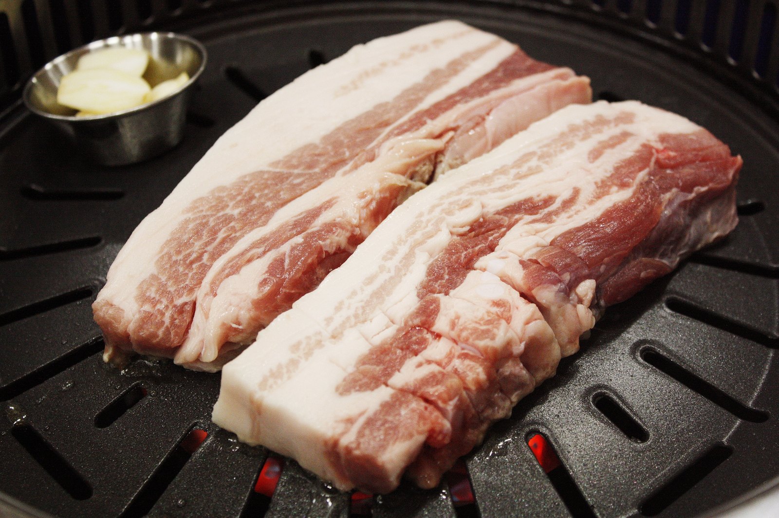 Samgyeopsal, thick-sliced Korean pork belly, before grilling